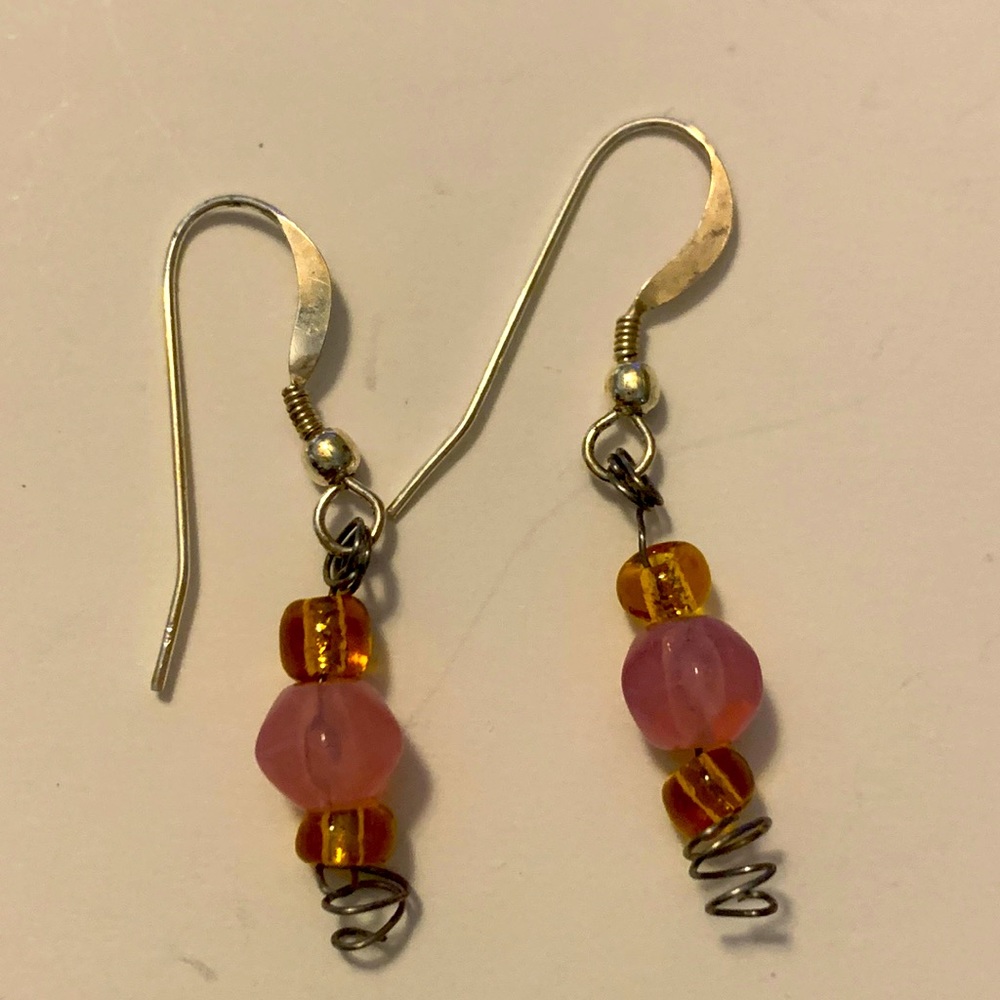 Pink and Brown Beaded Dangle Earrings